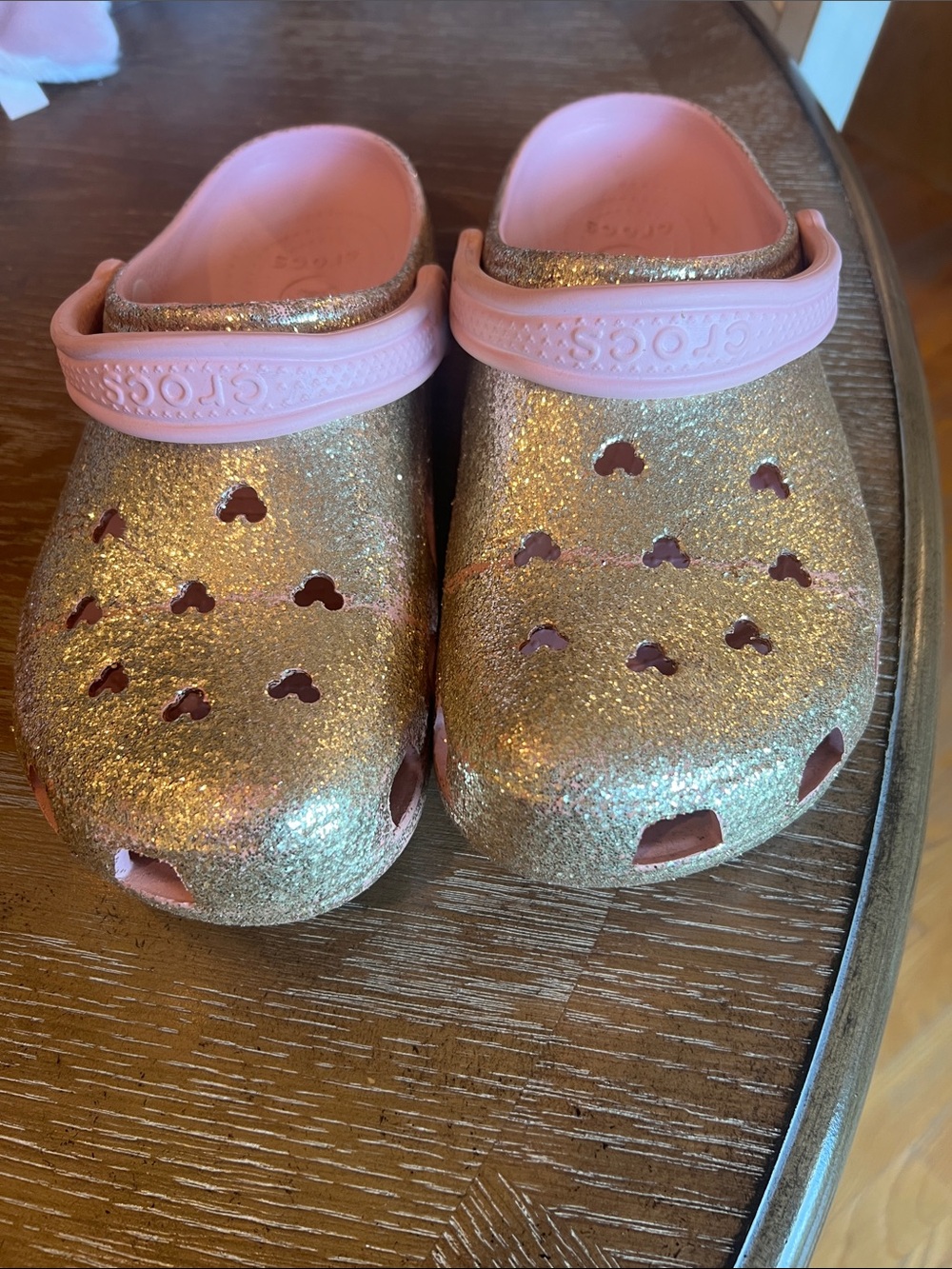 Gold Glitter C Clogs with Pink Straps - Crocs Style